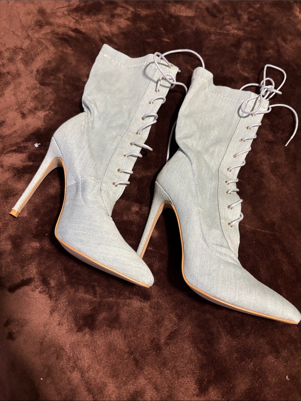 Never worn!! Lace-Up Pointed-Toe Stiletto Ankle Boots - Light Denim